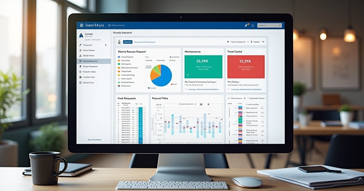 Tela de aplicativo empresarial com solicitações e status visíveis 