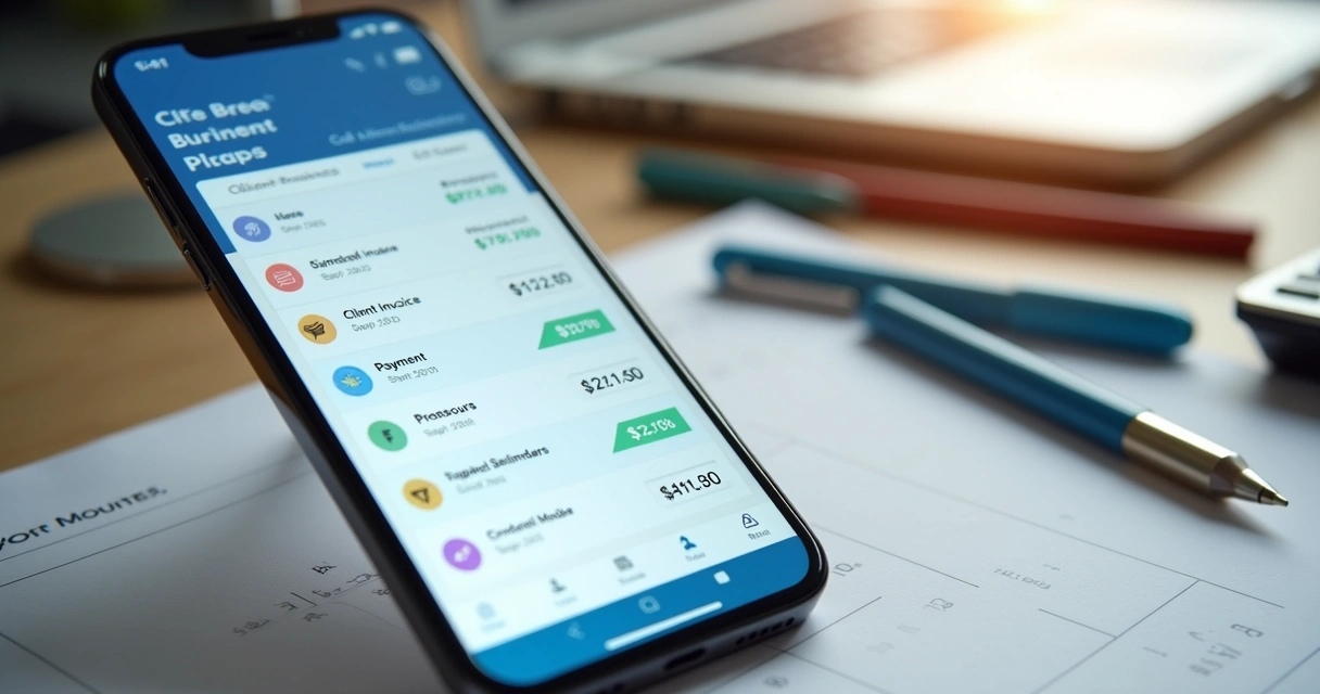 Celular com aplicativo de gestão financeira exibindo lista de cobranças e status 