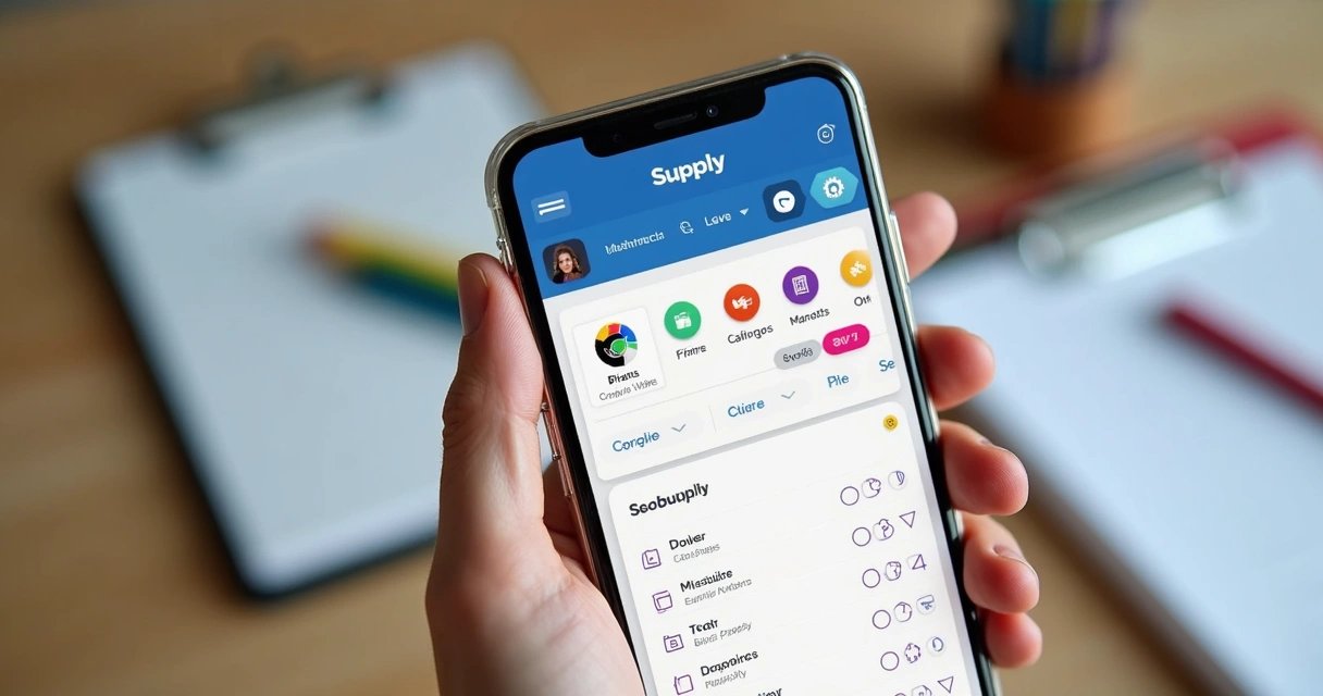 Aplicativo de gestão de suprimentos exibindo lista de itens e botões de pedido 