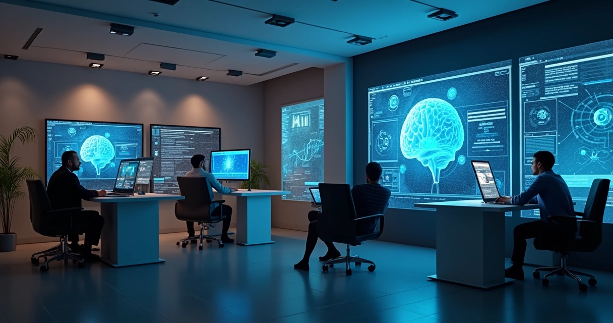 Protótipo de aplicativo de inteligência artificial para empresa, com telas digitais e pessoas analisando dados 