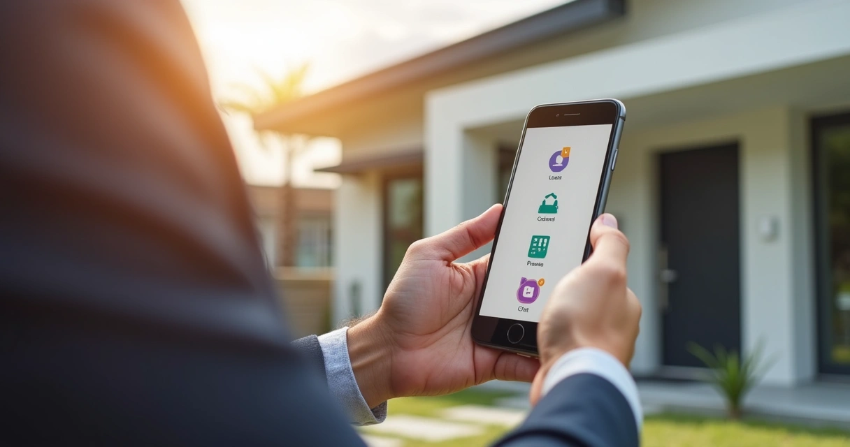 Corretor usando aplicativo imobiliário no celular em visita a imóvel
