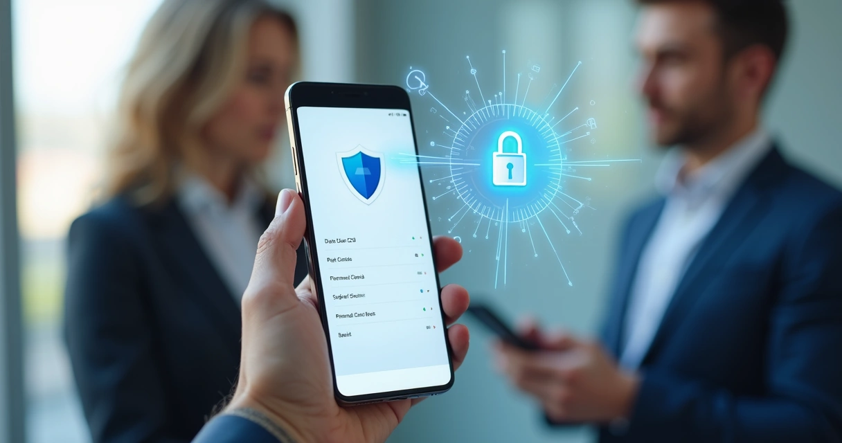 Aplicativo de CRM imobiliário mostrando tela de proteção de dados 