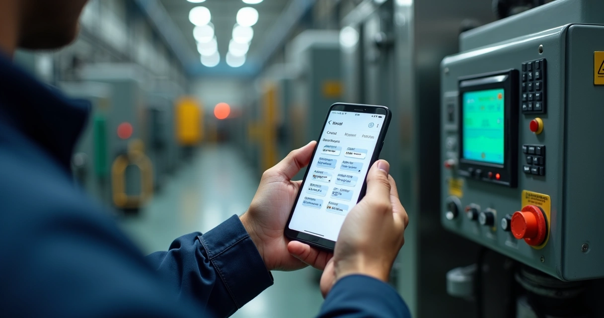 Técnico usando aplicativo em smartphone durante inspeção em máquina industrial 