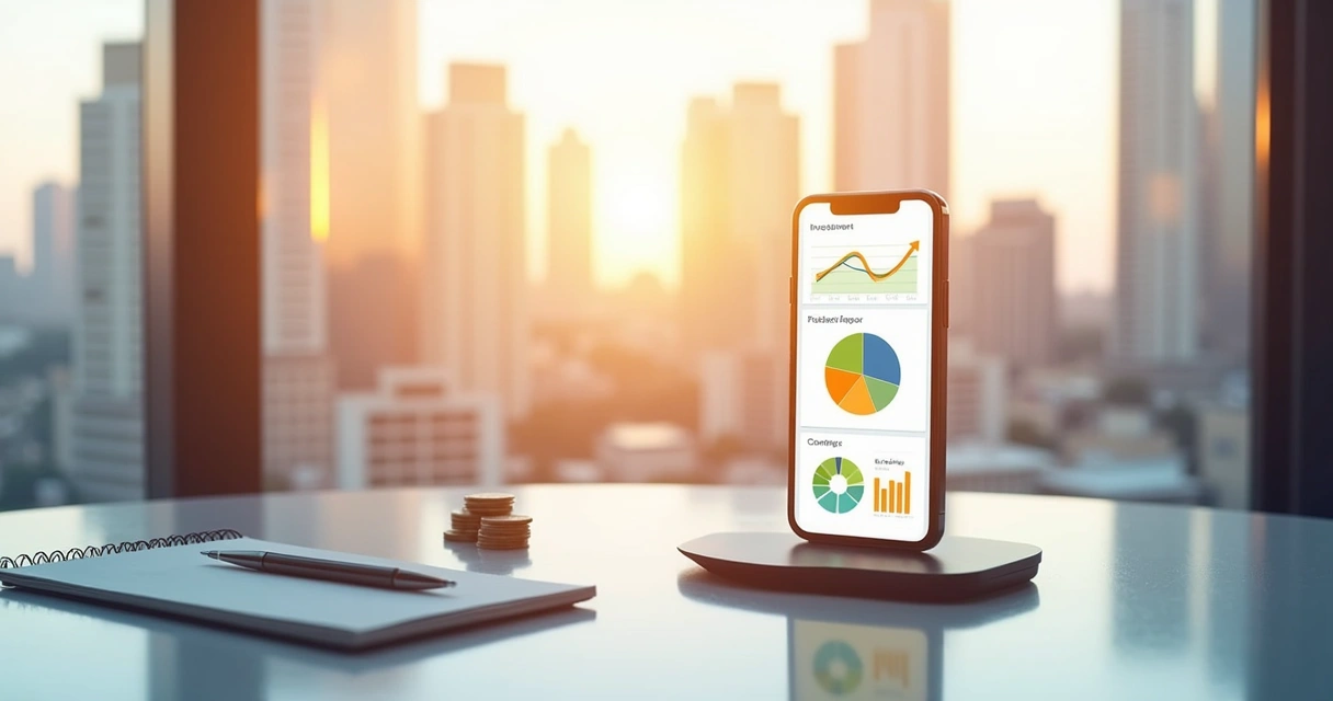 Smartphone displaying investment app with graphs, set against a bright cityscape and desk items.