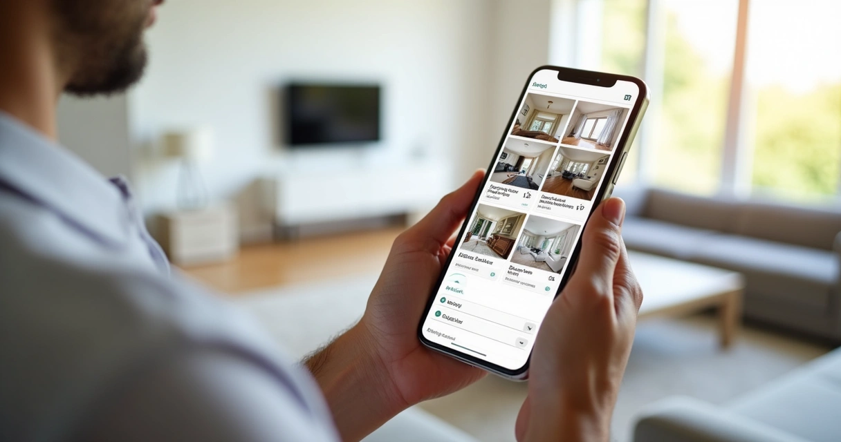 Aplicativo de vistoria de imóveis exibindo fotos e laudos digitais na tela do smartphone. 