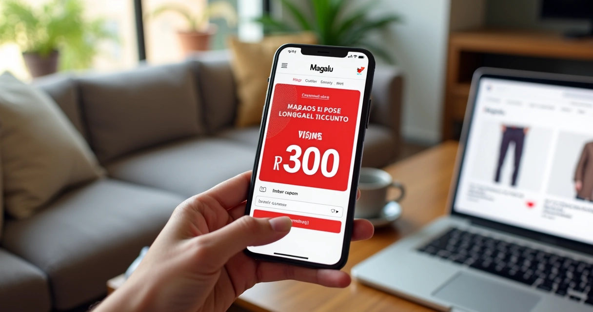 Pessoa segurando smartphone com aplicativo da Magazine Luiza aberto mostrando promoção 