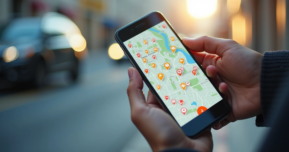 Aplicativo de celular mostrando pontos de recarga públicos para veículos elétricos em um mapa colorido