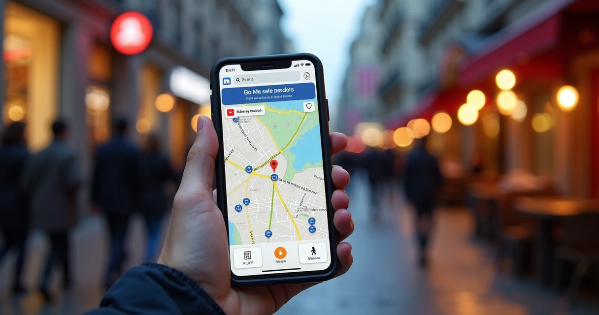 Mão segurando celular com aplicativo exibindo mapa e relatórios de segurança 