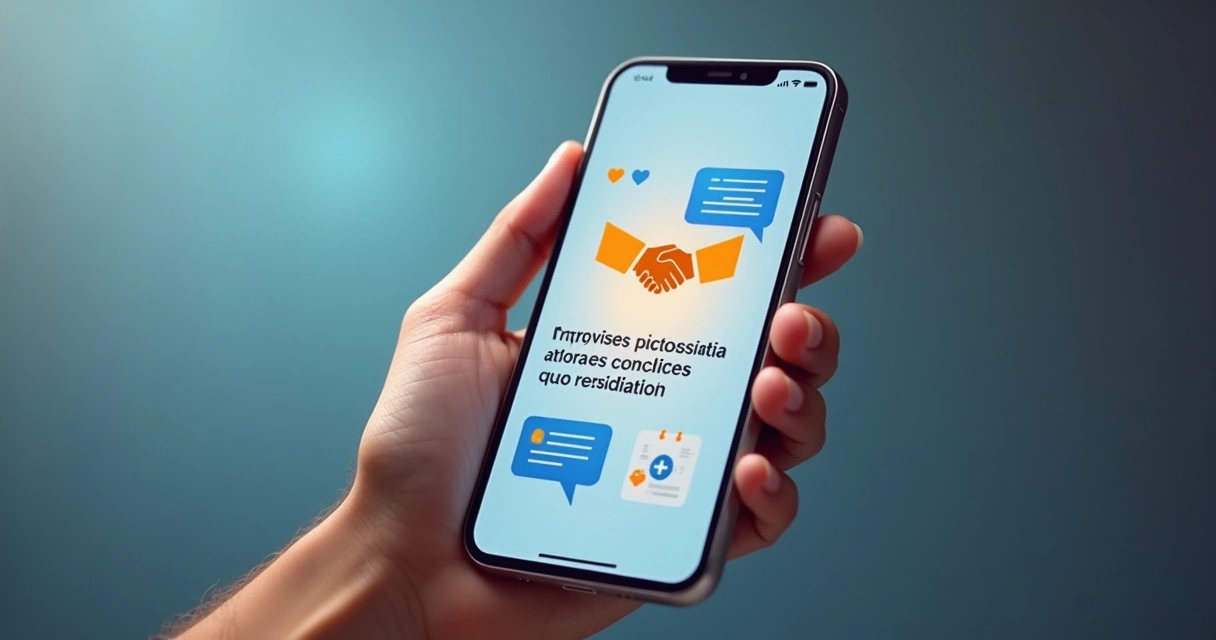 Tela de smartphone mostrando aplicativo de mediação com ícones de diálogo e solução de conflitos 