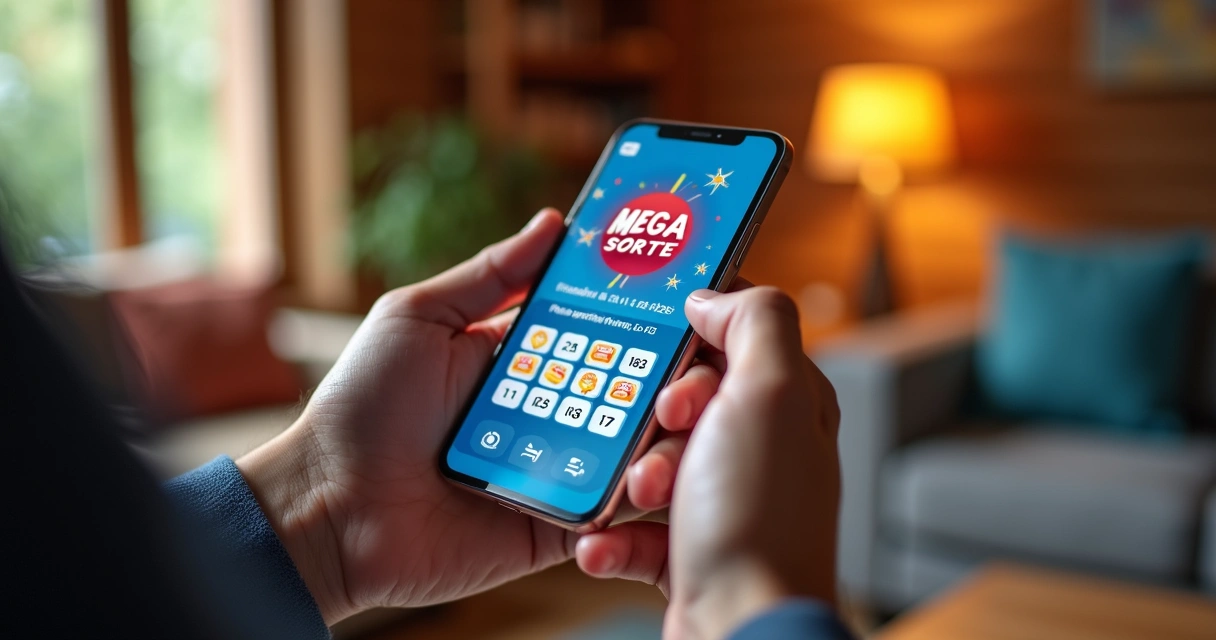 Pessoa usando aplicativo de loteria no celular com interface da Mega Sorte visível