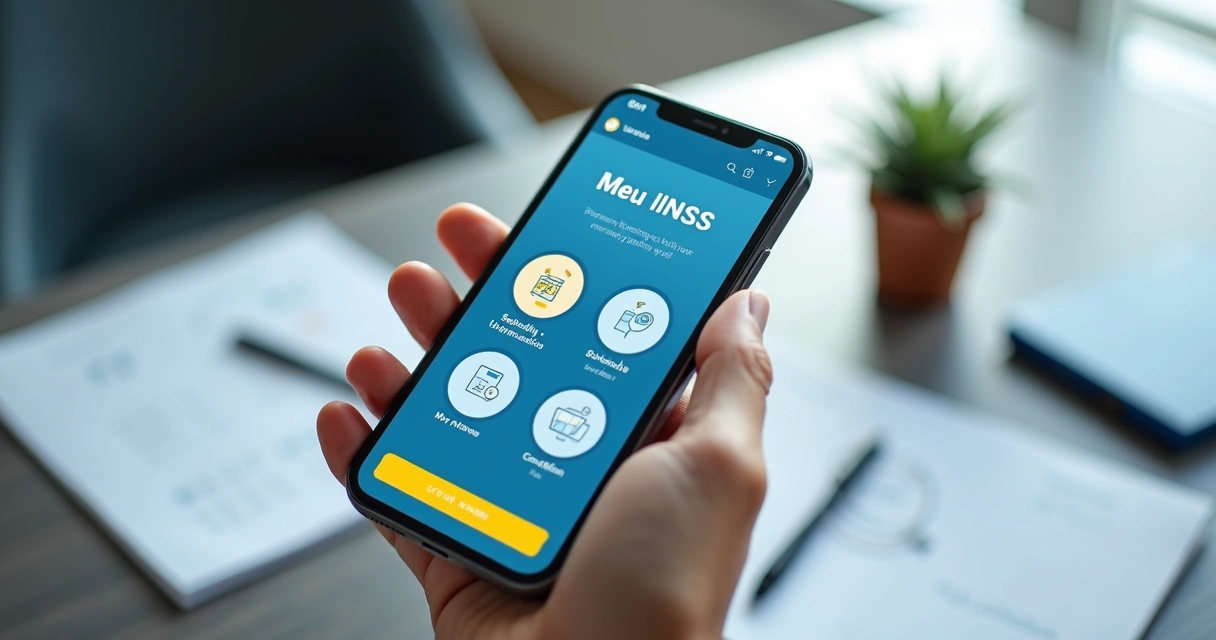 Mão segurando smartphone mostrando aplicativo Meu INSS aberto 