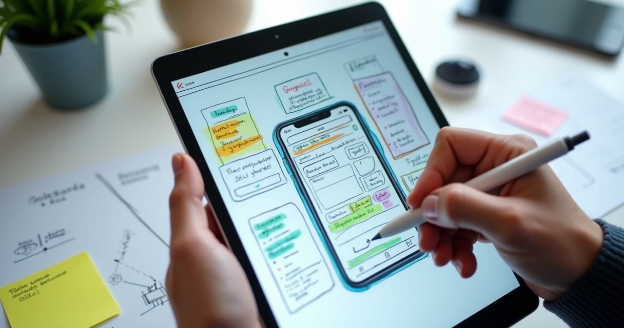 Protótipo de aplicativo móvel em tela de tablet durante planejamento digital 