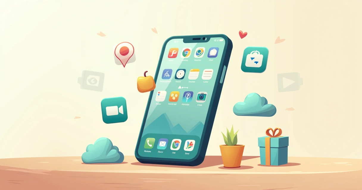 Smartphone displaying a native mobile app interface with icons for messaging, GPS, and camera.