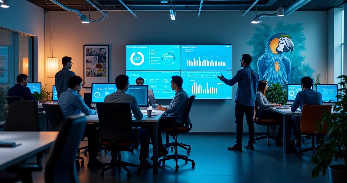 Equipe de TI reunida analisando dados em telas grandes. 
