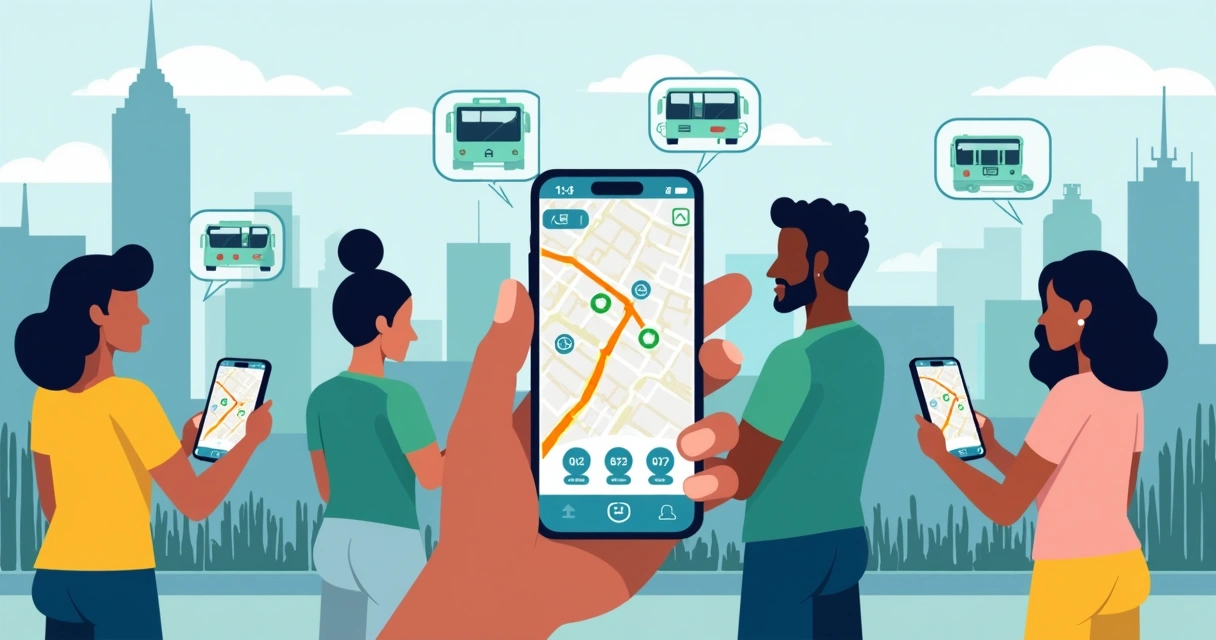 Usuários com app SaaS de ônibus mostrando tela de horários em tempo real 