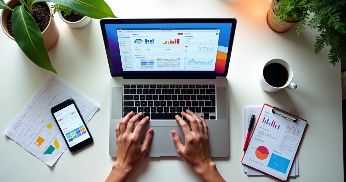 Mesa de trabalho com notebook aberto mostrando vários aplicativos open source. 