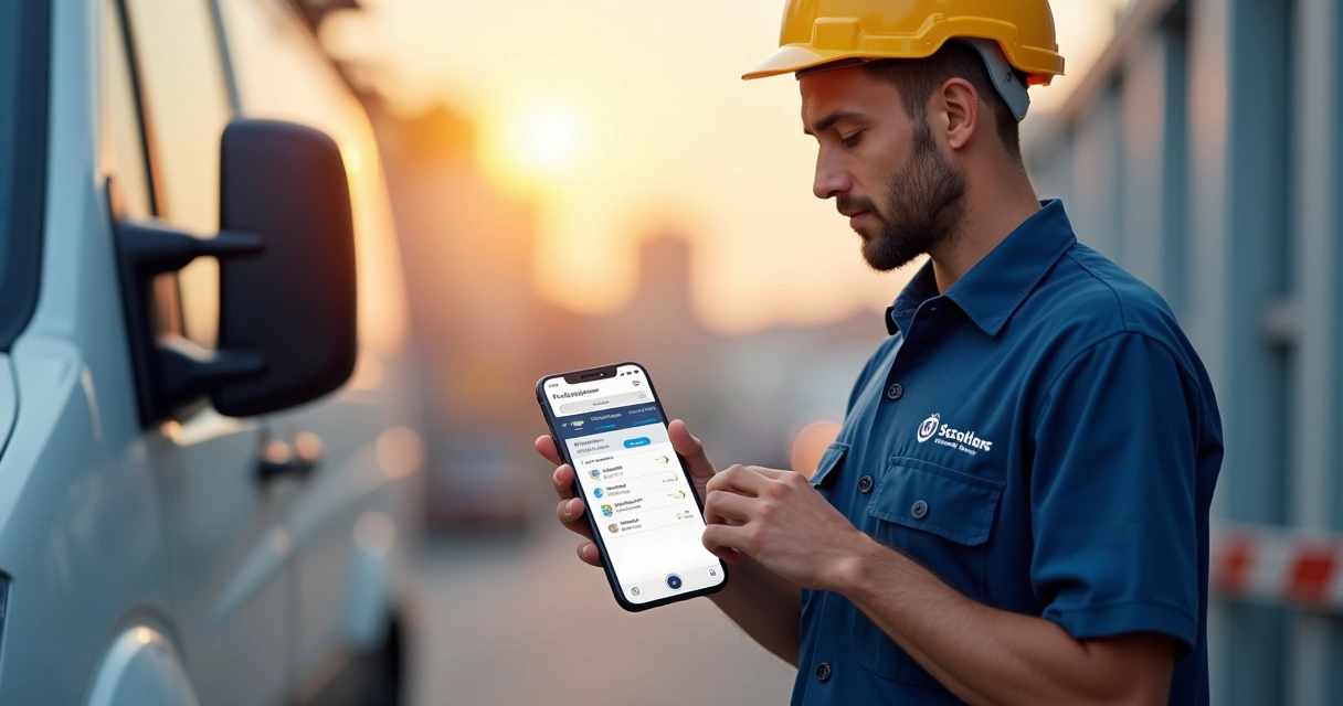 Técnico utilizando aplicativo em smartphone para ordem de serviço 