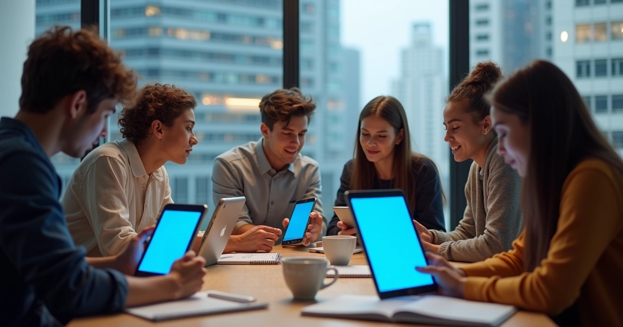 Usuários navegando no aplicativo OzDream, com interface em azul claro, sentados em sala de estudo 