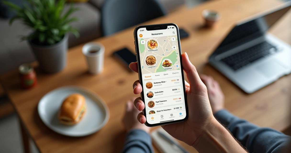 Tela de aplicativo de delivery mostrando muitos pedidos e restaurantes 