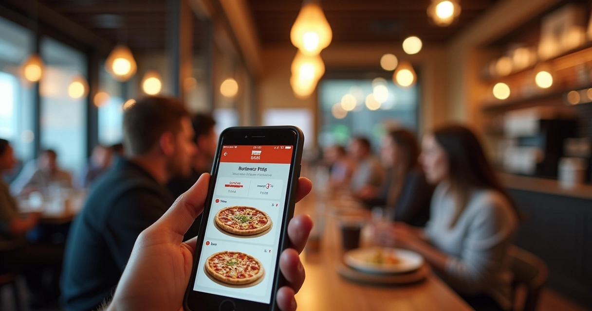 Mão segurando smartphone com aplicativo de restaurante mostrando pedido sendo realizado rapidamente. 