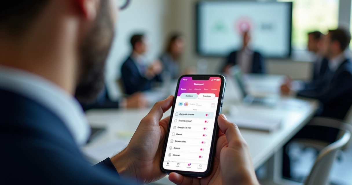 Aplicativo de votação personalizado em smartphone durante evento 