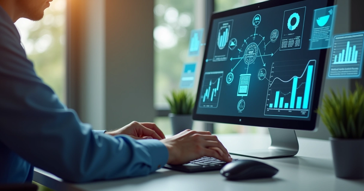 Desenvolvedor cria um aplicativo personalizado em plataforma low-code na tela, cercado por ícones de fluxos de trabalho e dados corporativos em escritório moderno. 