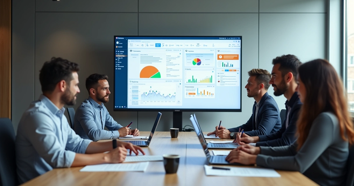 Equipe em empresa usando aplicativo no Power Apps projetado em tela grande, mesa com papéis e canetas, ambiente moderno 