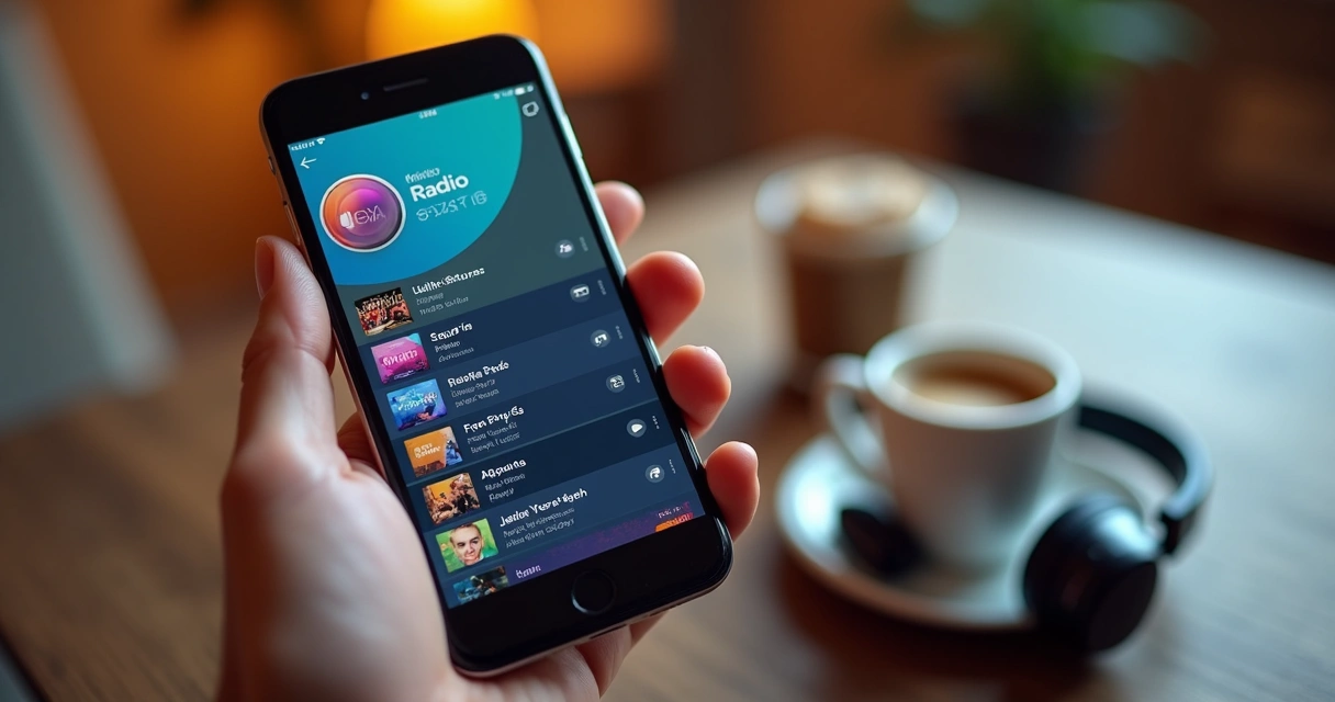 Tela de aplicativo de rádio em smartphone mostrando diferentes estações online 
