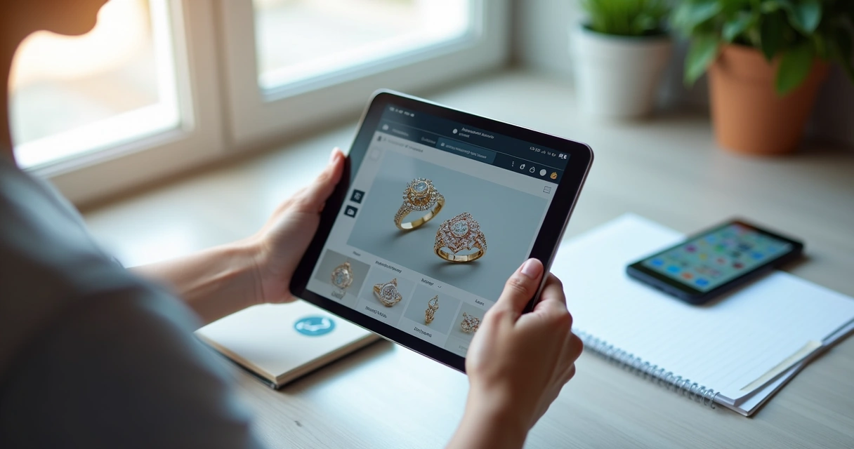Tablet mostrando aplicativo para revenda de joias com controle de estoque e vendas 