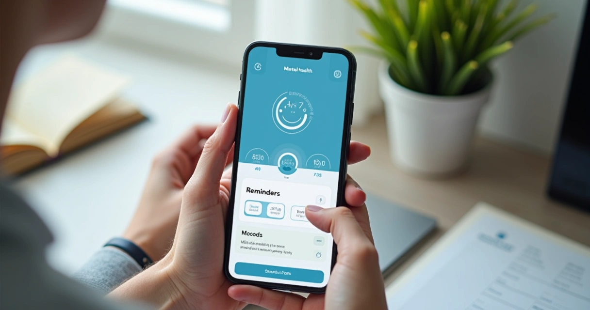 Celular mostra tela de aplicativo de saúde mental com lembretes 