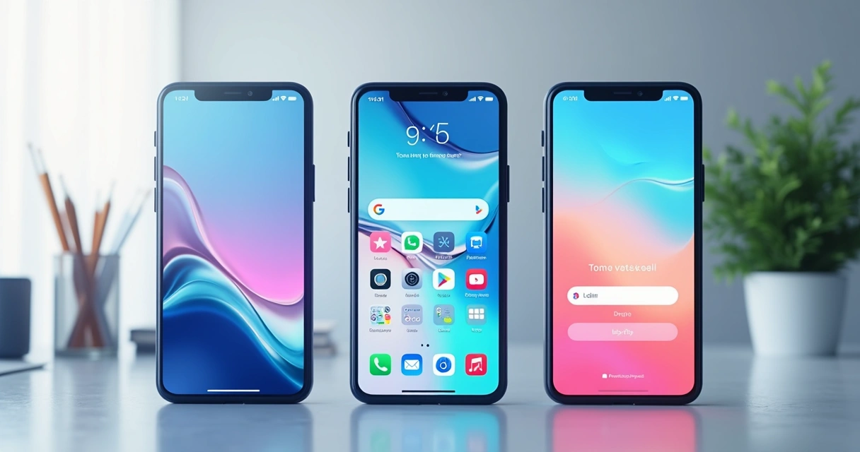 Celulares mostrando aplicativos de diferentes estilos, nativo, híbrido e web. 