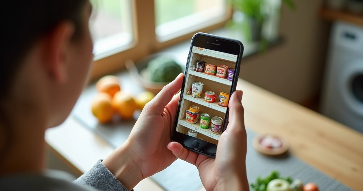 Pessoa usando app de compras em celular com destaque para prateleiras virtuais organizadas 
