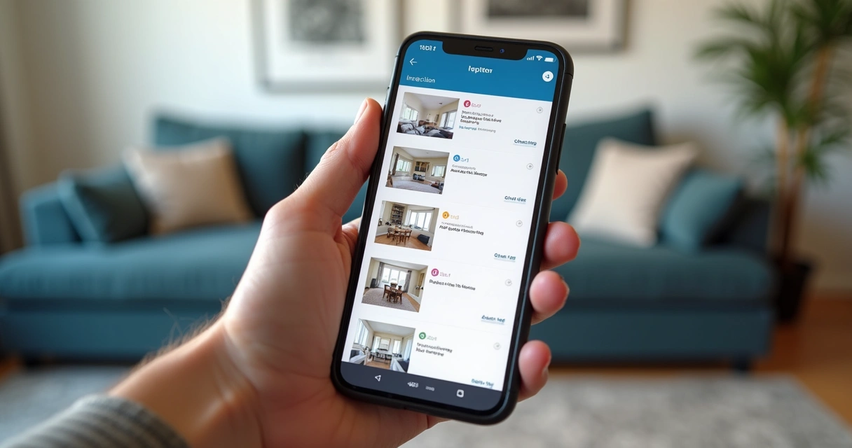Aplicativo de vistoria imobiliária aberto em smartphone mostra fotos e checklist digital