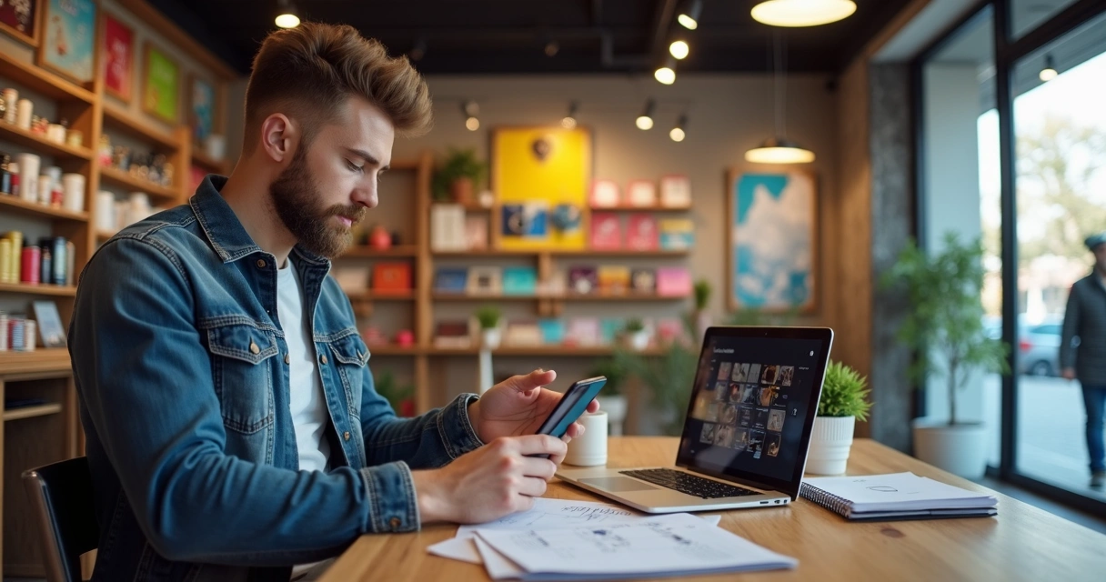 Empreendedor confeccionando catálogo digital em aplicativo no celular na loja 