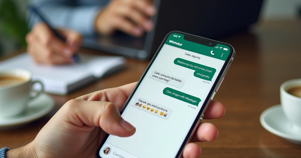 Conversa de venda no WhatsApp aberta em smartphone sobre mesa de madeira 