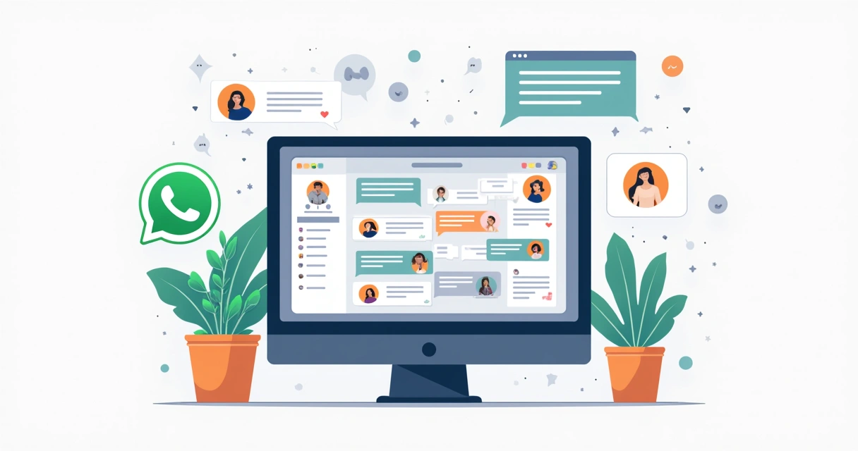 Ilustração de uma tela de sistema mostrando a integração entre WhatsApp, ChatPlus e um painel de conversas centralizadas 