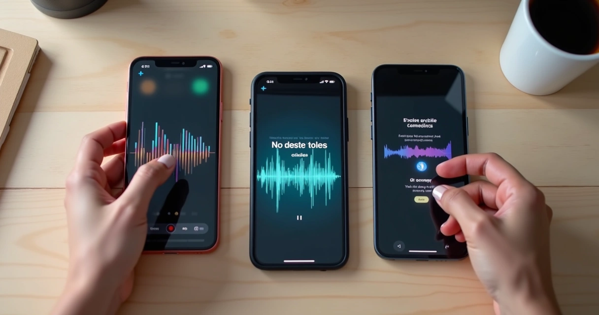 Telhas de aplicativos de autoconhecimento em celulares modernos exibindo trilhas de áudio 