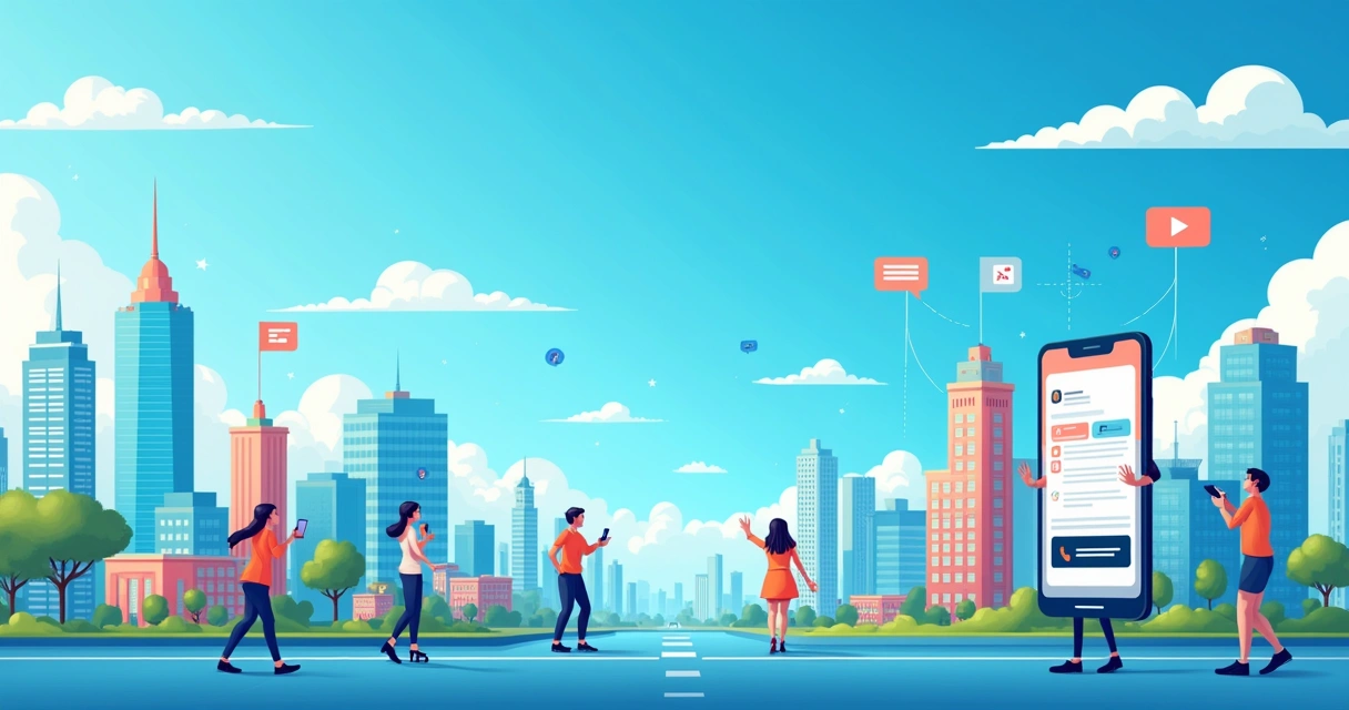 Smartphone com aplicativo de comunicação em fundo de cidade, conectando cidadãos e representantes.