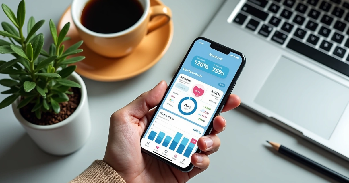 Tela de smartphone mostrando aplicativo de finanças pessoais com gráficos coloridos