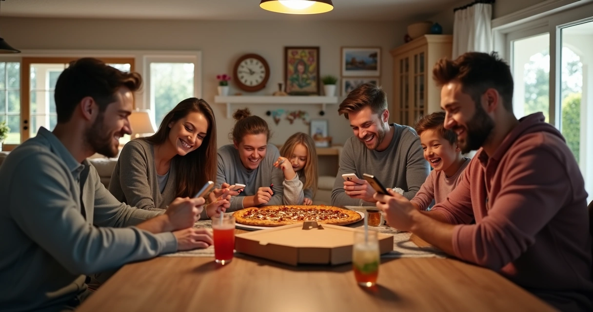 Turistas em Orlando pedindo comida por aplicativo sentados em uma sala de casa moderna 