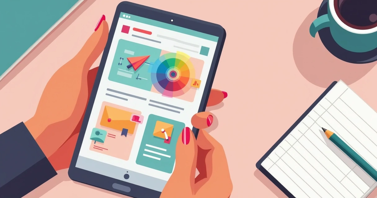 Interface de apps de design em smartphone feminino, mãos femininas utilizando, elementos em tons pastéis 