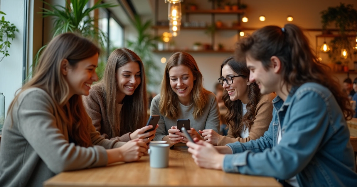 Tela de aplicativo de relacionamento com pessoas diversas sorrindo e conversando em ambiente moderno e descontraído. 
