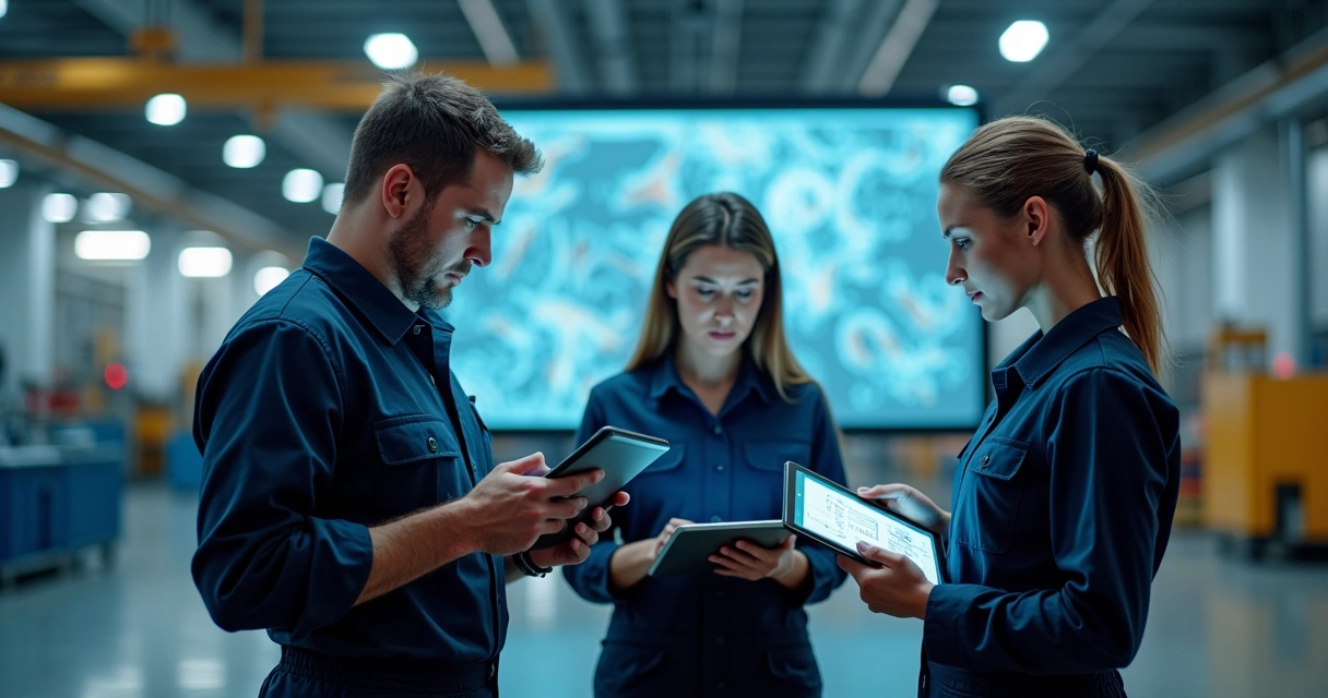 Equipe industrial testando aplicativo de gestão em tablets conectados na nuvem 