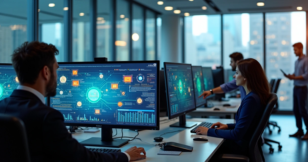 Integração de diferentes aplicativos em ambiente empresarial com pessoas interagindo.