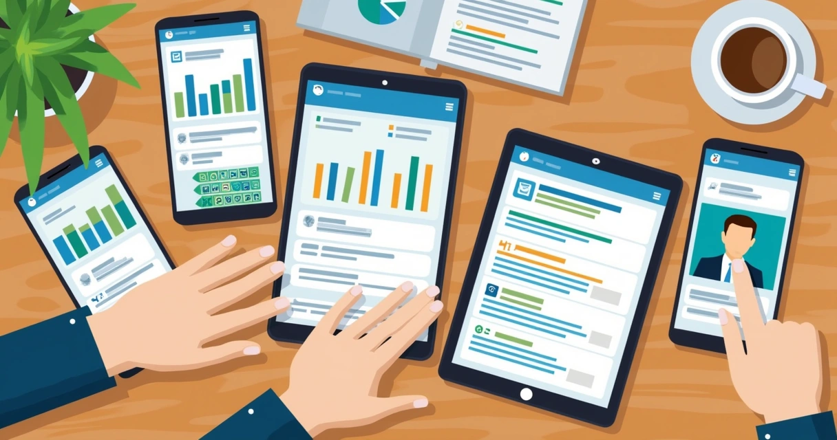 Aplicativos de negócios abertos em smartphones e tablets em destaque na mesa 