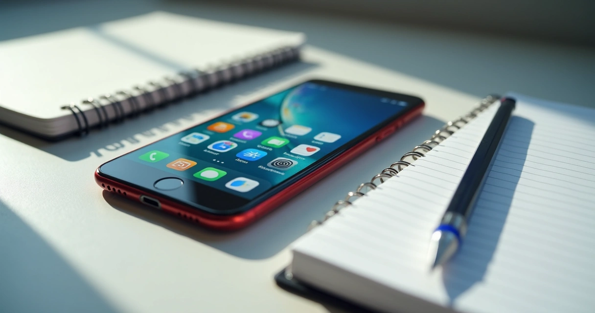Tela de aplicativos de organização e foco em um smartphone sobre caderno 