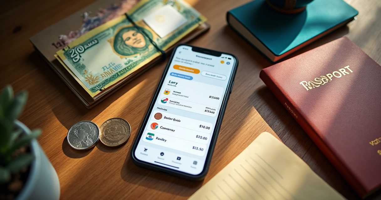 Tela de aplicativo de viagens com categorias de gastos.