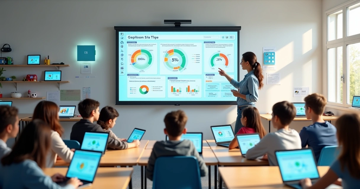Sala de aula moderna com alunos usando tablets e grande tela exibindo plataforma educacional 