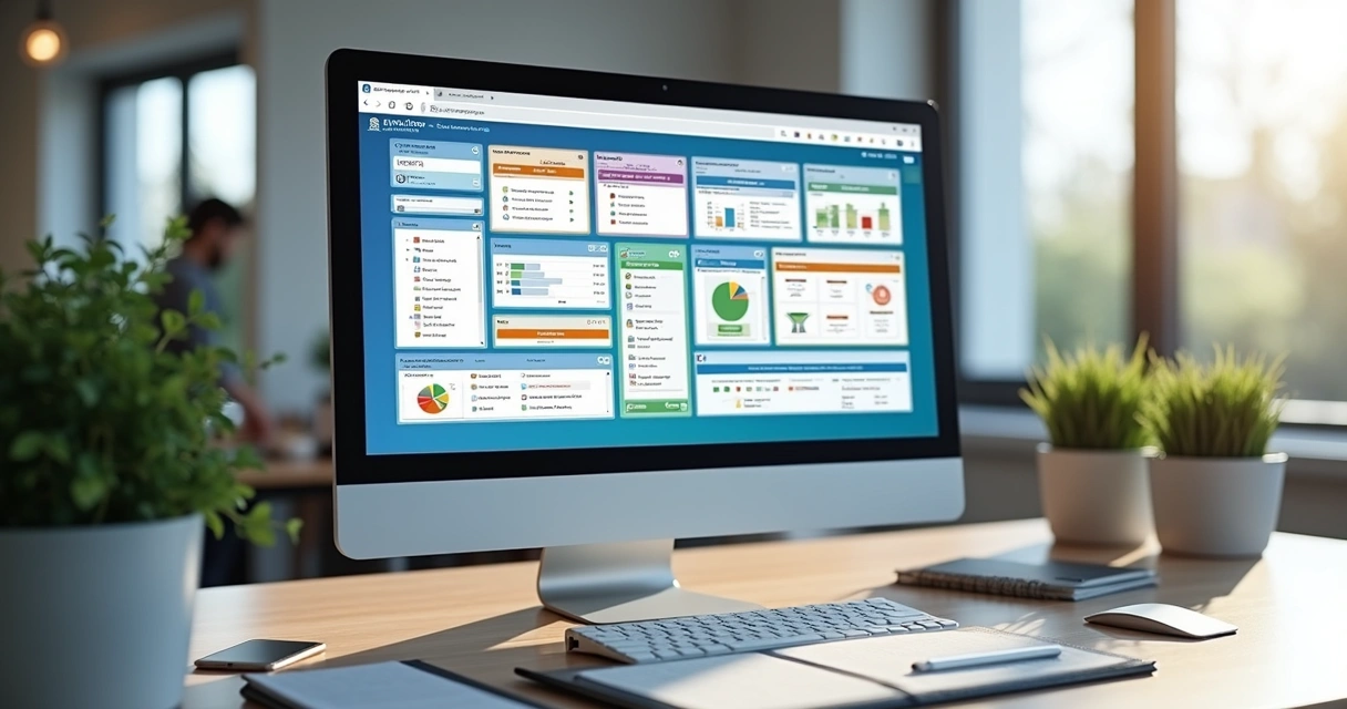 Tela de computador mostrando aplicativos do Power Apps com interface moderna e colorida em ambiente de escritório digital 