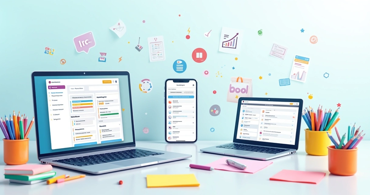 Representação artística de dispositivos com aplicativos de produtividade em ambientes de trabalho organizados.
